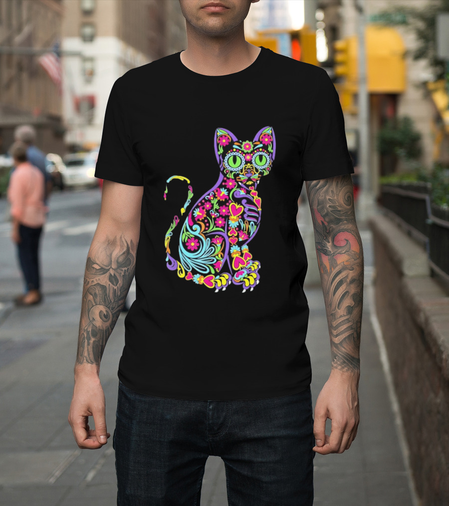 Sugar Skull Cat With Vibrant Floral T-Shirt