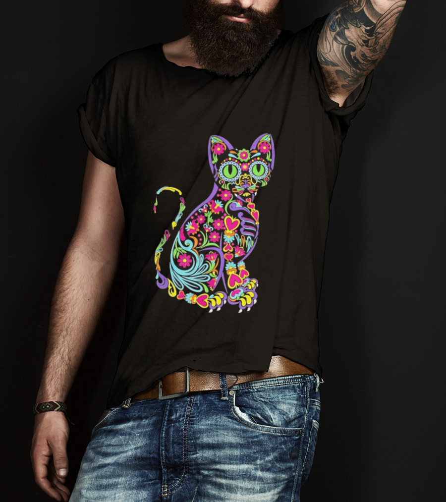 Sugar Skull Cat With Vibrant Floral T-Shirt