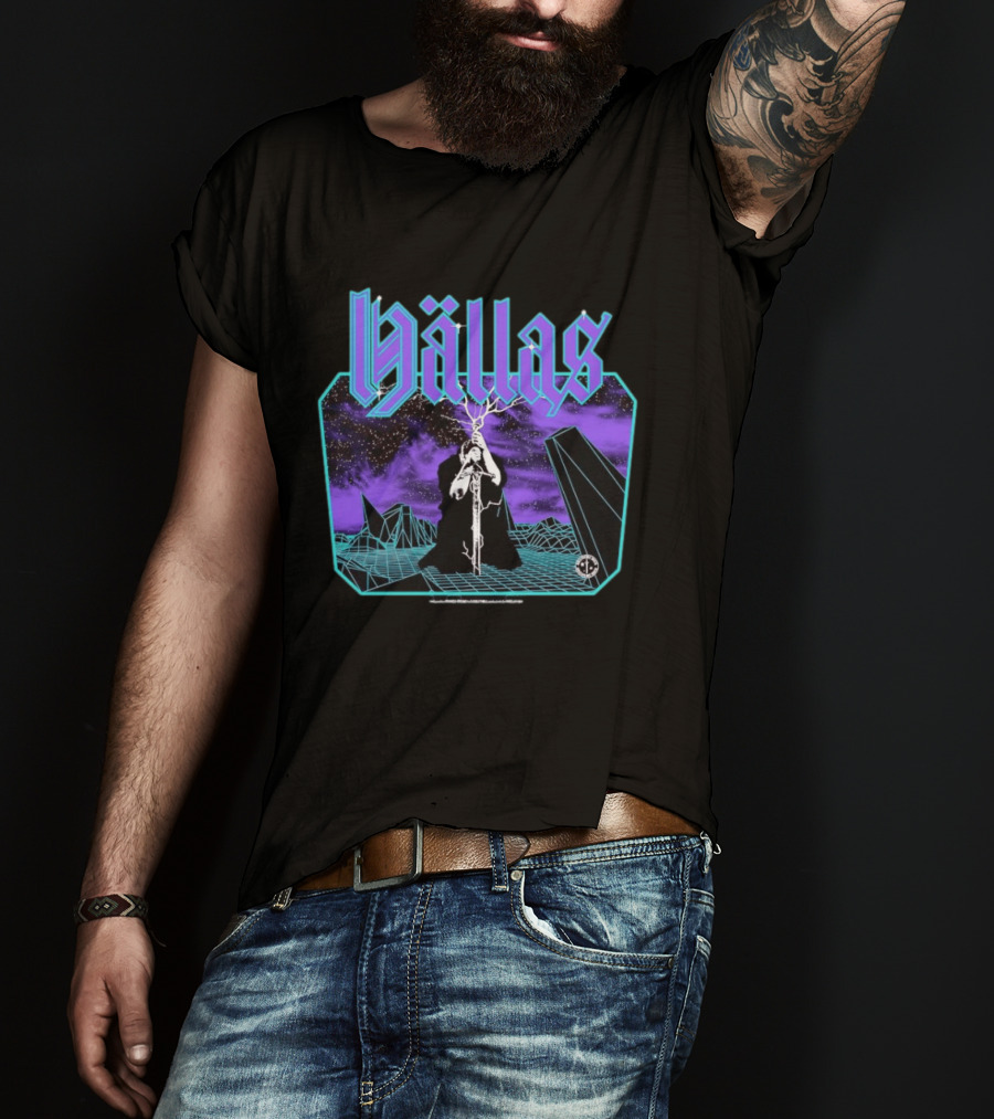 Hallas Electric Quest Sword Lightning Venture Rocks Purple Sky T-Shirt