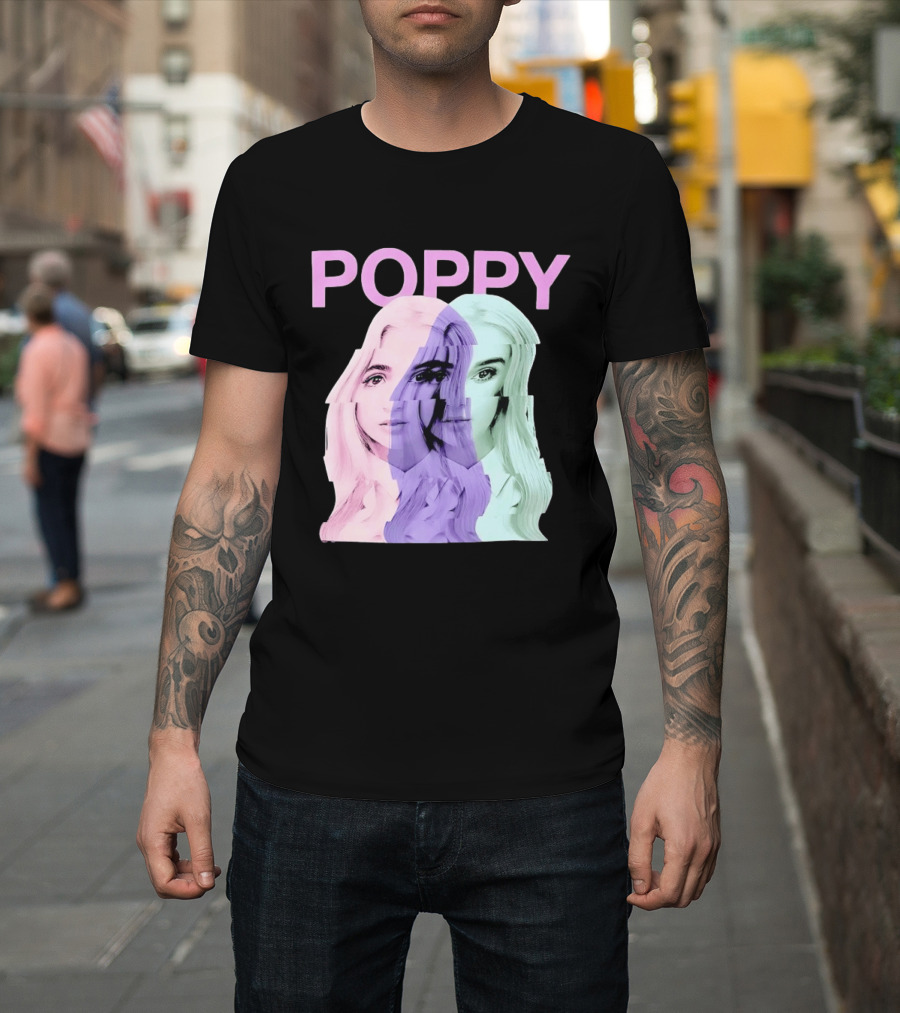 Poppy Digital Muse Glitch Faces Tricolor T-Shirt
