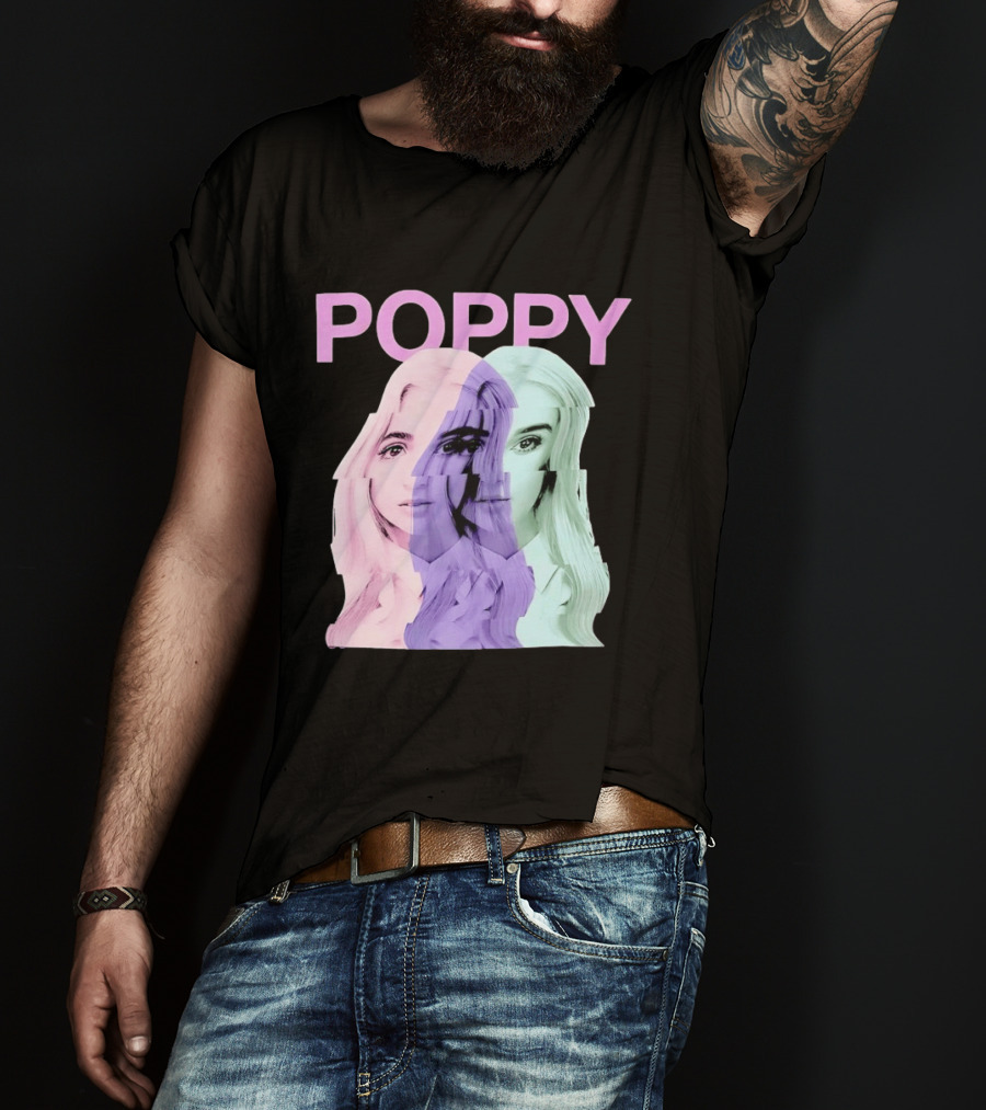 Poppy Digital Muse Glitch Faces Tricolor T-Shirt