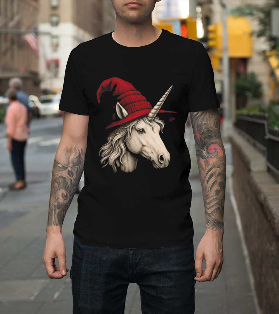 Unicorn With Red Wizard Witch Hat Beanie T-Shirt
