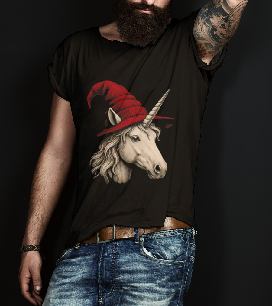 Unicorn With Red Wizard Witch Hat Beanie T-Shirt