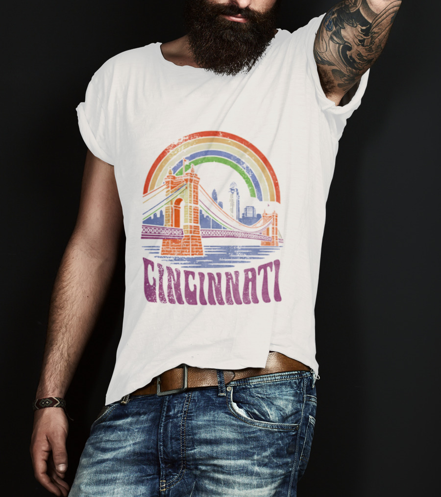 Cincinnati Roebling Bridge Rainbow Skyline Proud Of Our City T-Shirt