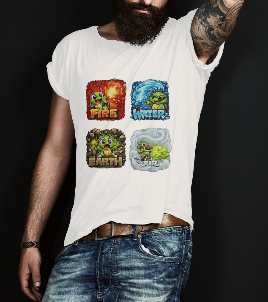 Fire Water Earth Air Turtle Cartoon Baby Elements Quadrant T-Shirt