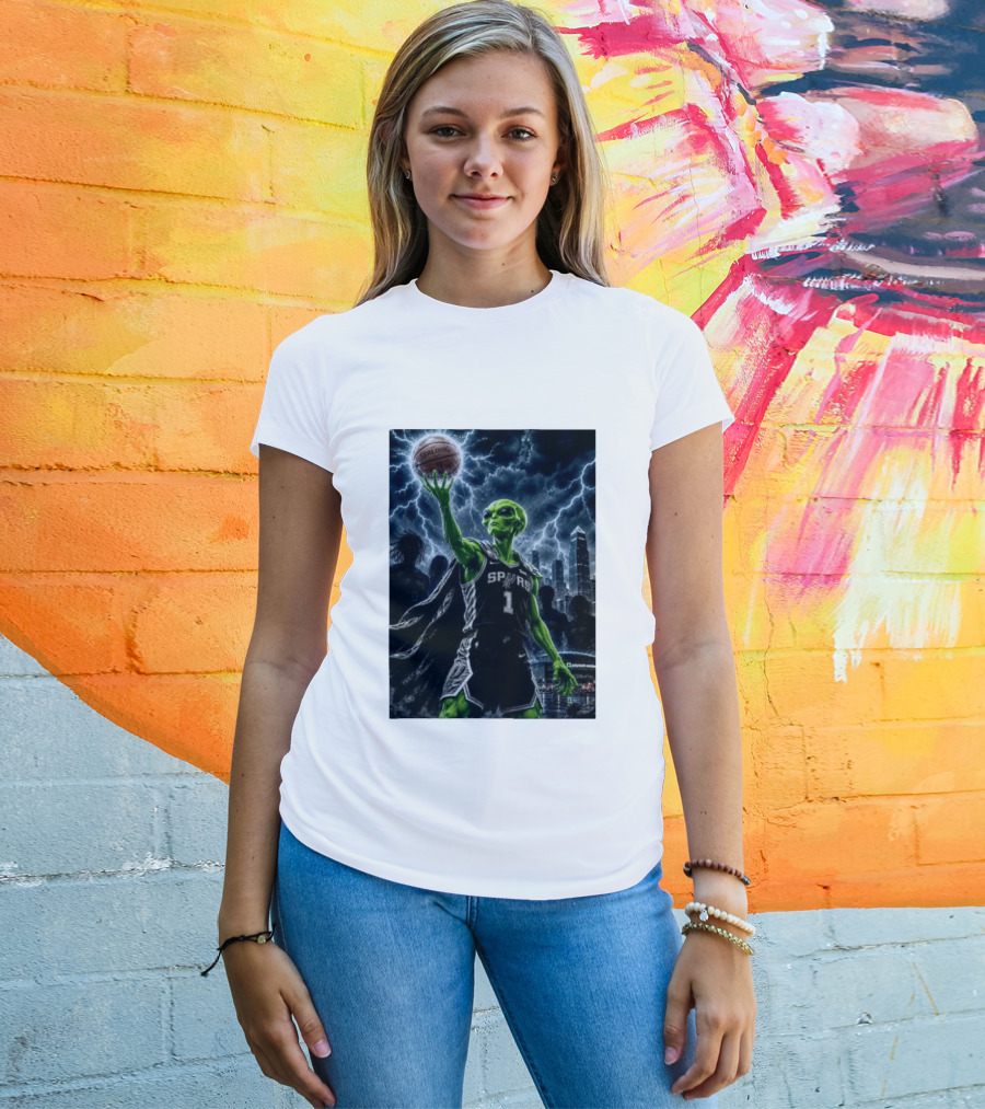NBA Spurs Alien Spalding Basketball Hovering In Stormy City Skyline T-Shirt