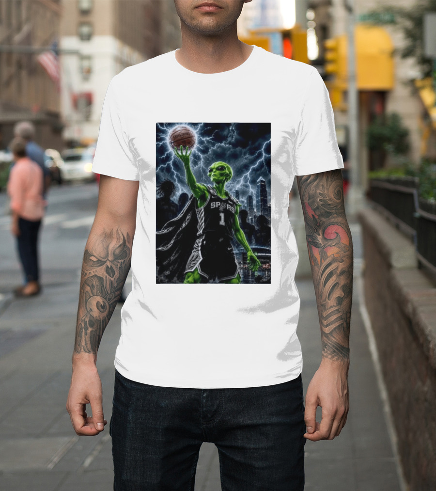 NBA Spurs Alien Spalding Basketball Hovering In Stormy City Skyline T-Shirt