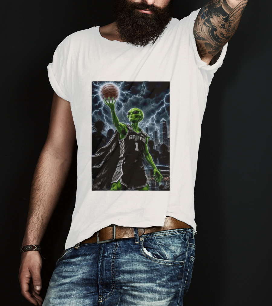 NBA Spurs Alien Spalding Basketball Hovering In Stormy City Skyline T-Shirt