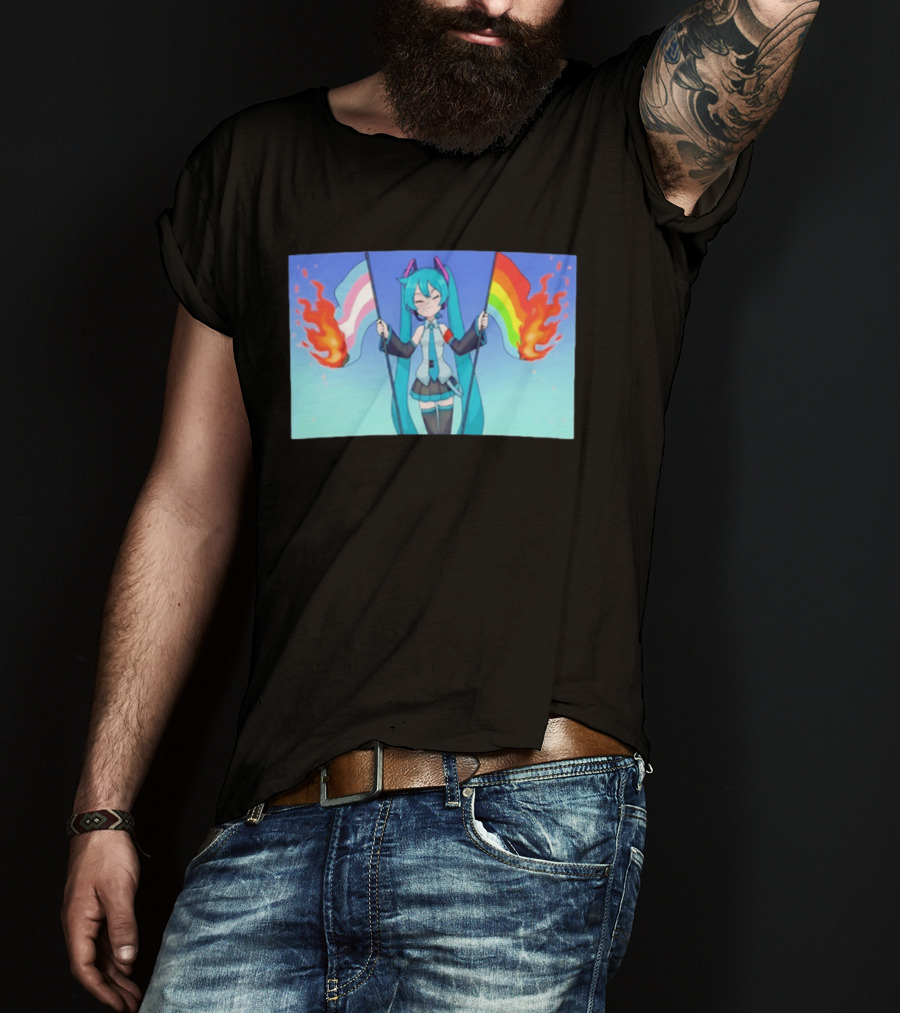 Anime Vocaloid Miku Holding Burning Transgender And Rainbow Flags Controversial Pride Month 2026 T-Shirt