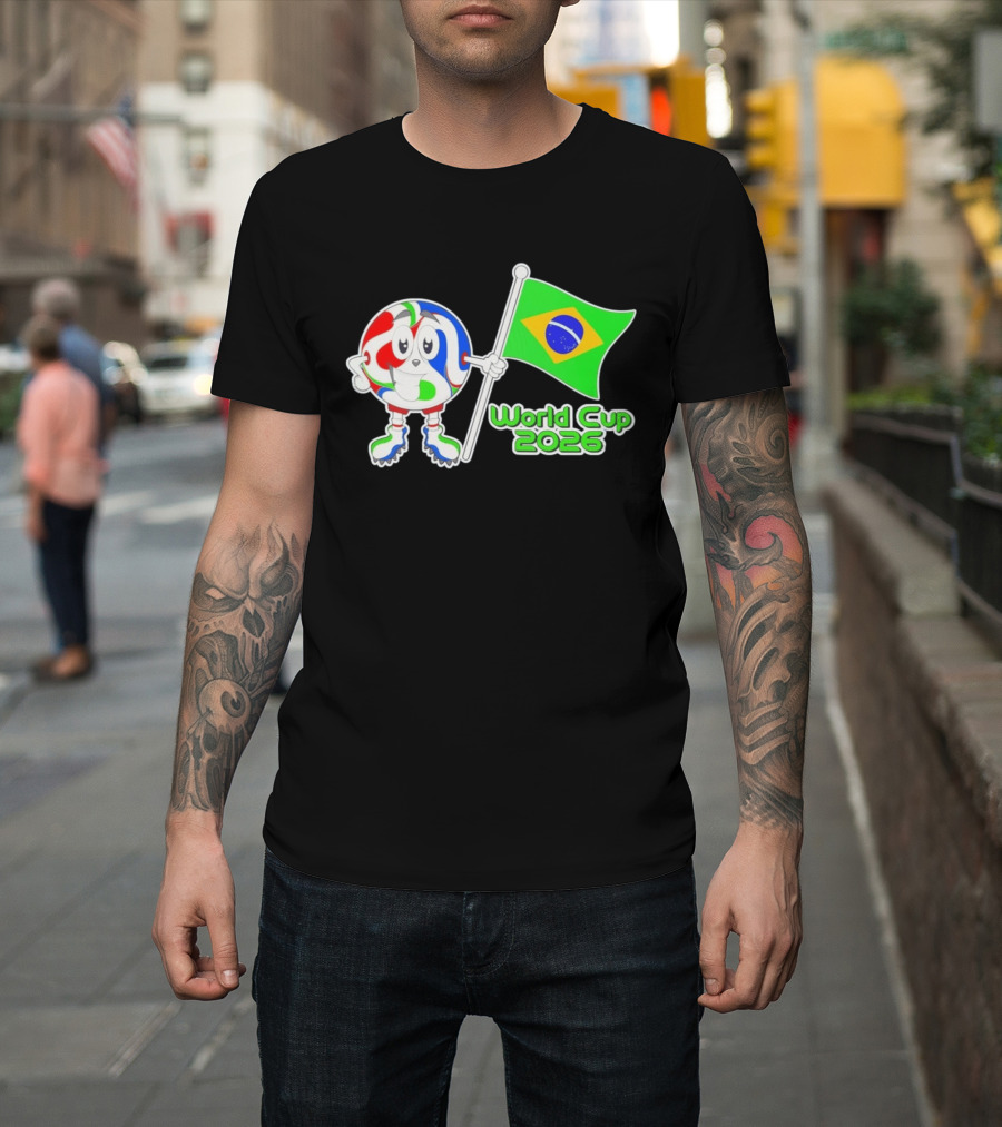 World Cup 2026 Cartoon Character With Brazil Flag Soccer Ball T-Shirt
