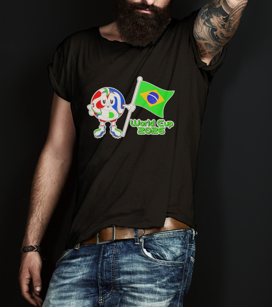 World Cup 2026 Cartoon Character With Brazil Flag Soccer Ball T-Shirt
