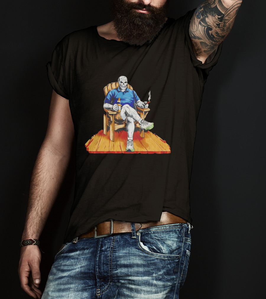 DarthBeards Skull Sitting In A Lawn Chair With Beer And Cigar T-Shirt