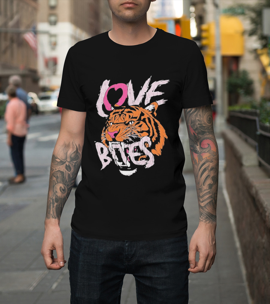 Love Bites Roaring Tiger Face Bold Pink And Orange T-Shirt