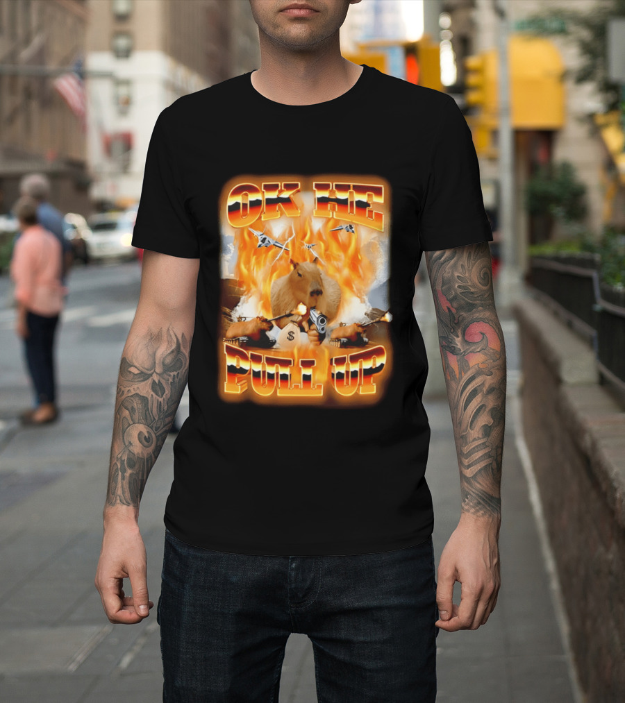 Ok He Pull Up Capybara Surrounded By Fire With Jets And Guns T-Shirt