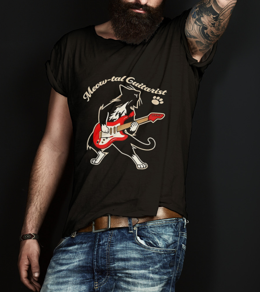 Meow Tal Guitarist Cat Playing Red Electric Guitar T-Shirt