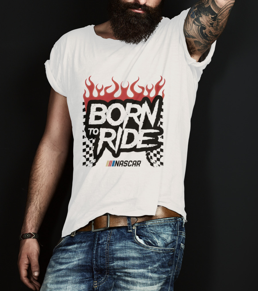 Born To Ride NASCAR Flames Checkered Flag Racing T-Shirt