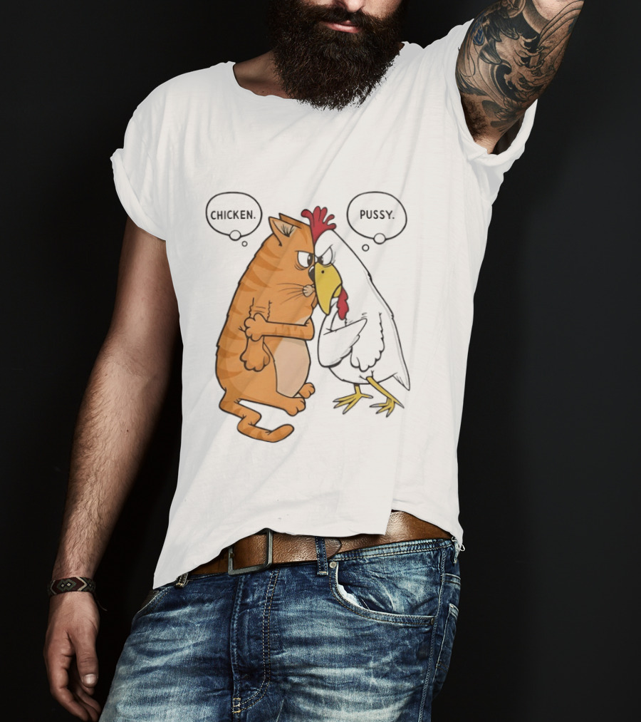 Chicken Pussy Standoff Cartoon Humor Confrontation T-Shirt