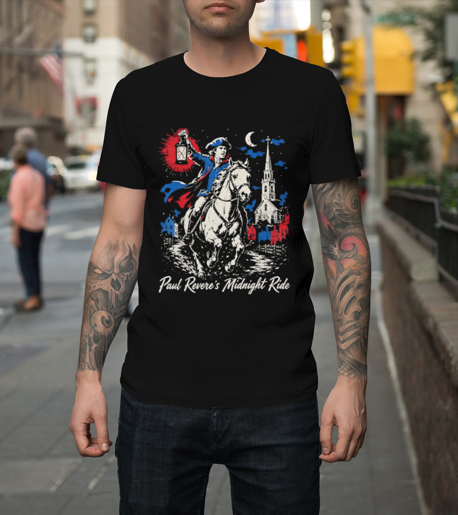 Paul Revere Midnight Ride American Revolutionary War Patriotic Historical Scene With Lantern And Church T-Shirt