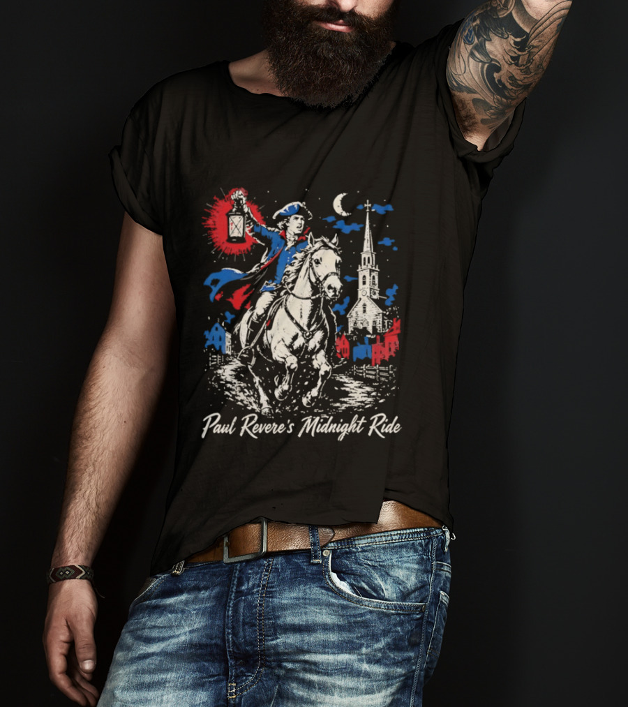 Paul Revere Midnight Ride American Revolutionary War Patriotic Historical Scene With Lantern And Church T-Shirt