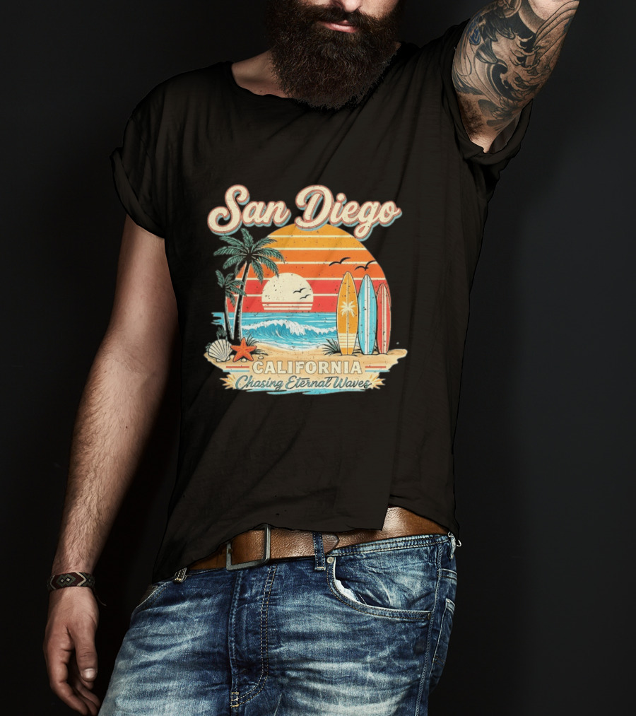 San Diego California Surfing Sunrise Chasing Eternal Waves Beach Vacation T-Shirt