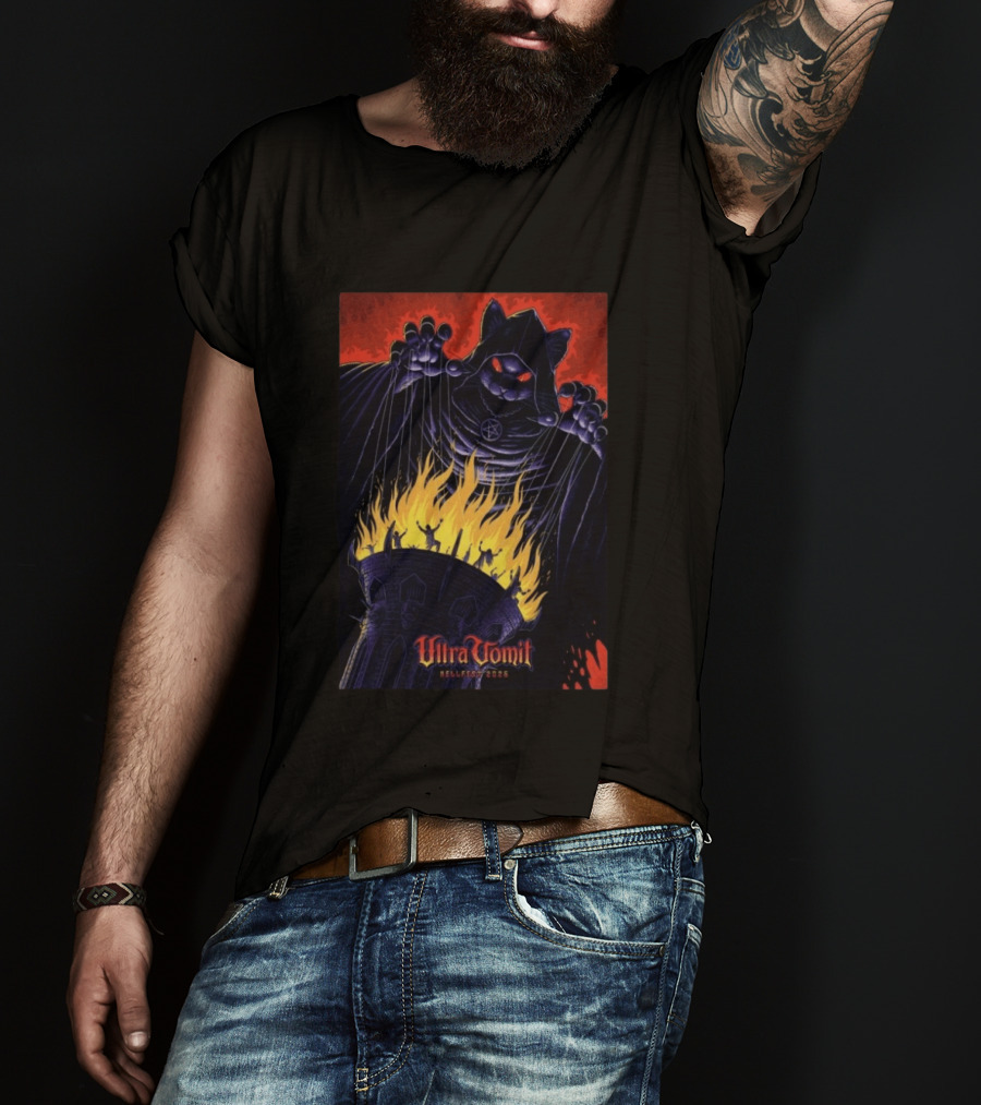 Ultra Vomit Hellfest 2026 Clisson France Jun 19 Puppet Master Cat With Fire Tower T-Shirt