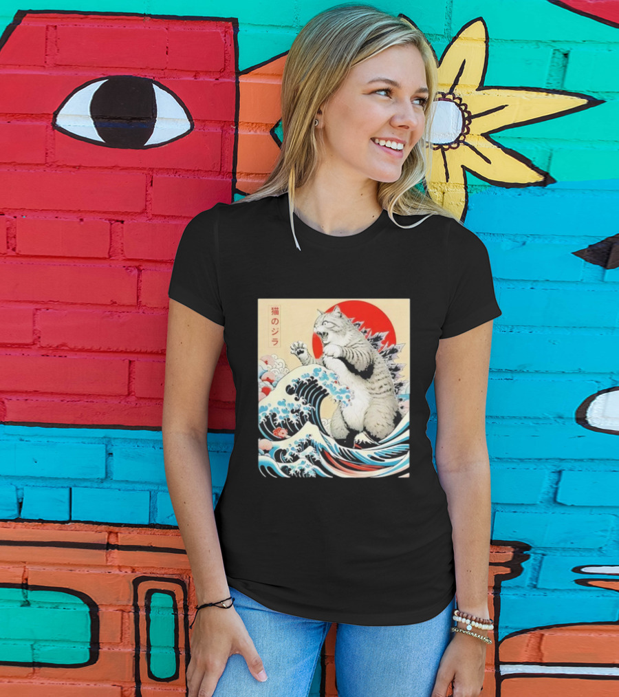 Catzilla Ukiyo-e Japanese 猫のジラ Kanagawa Waves Red Sun T-Shirt