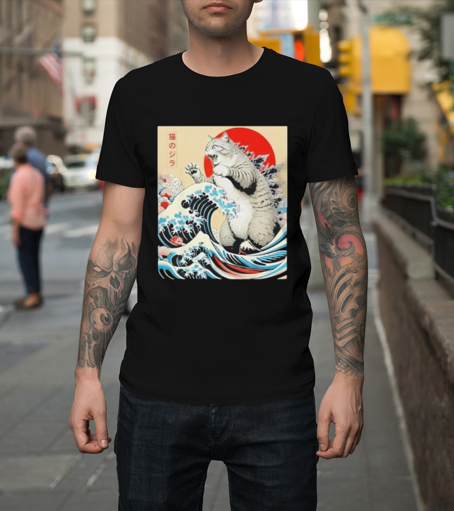 Catzilla Ukiyo-e Japanese 猫のジラ Kanagawa Waves Red Sun T-Shirt