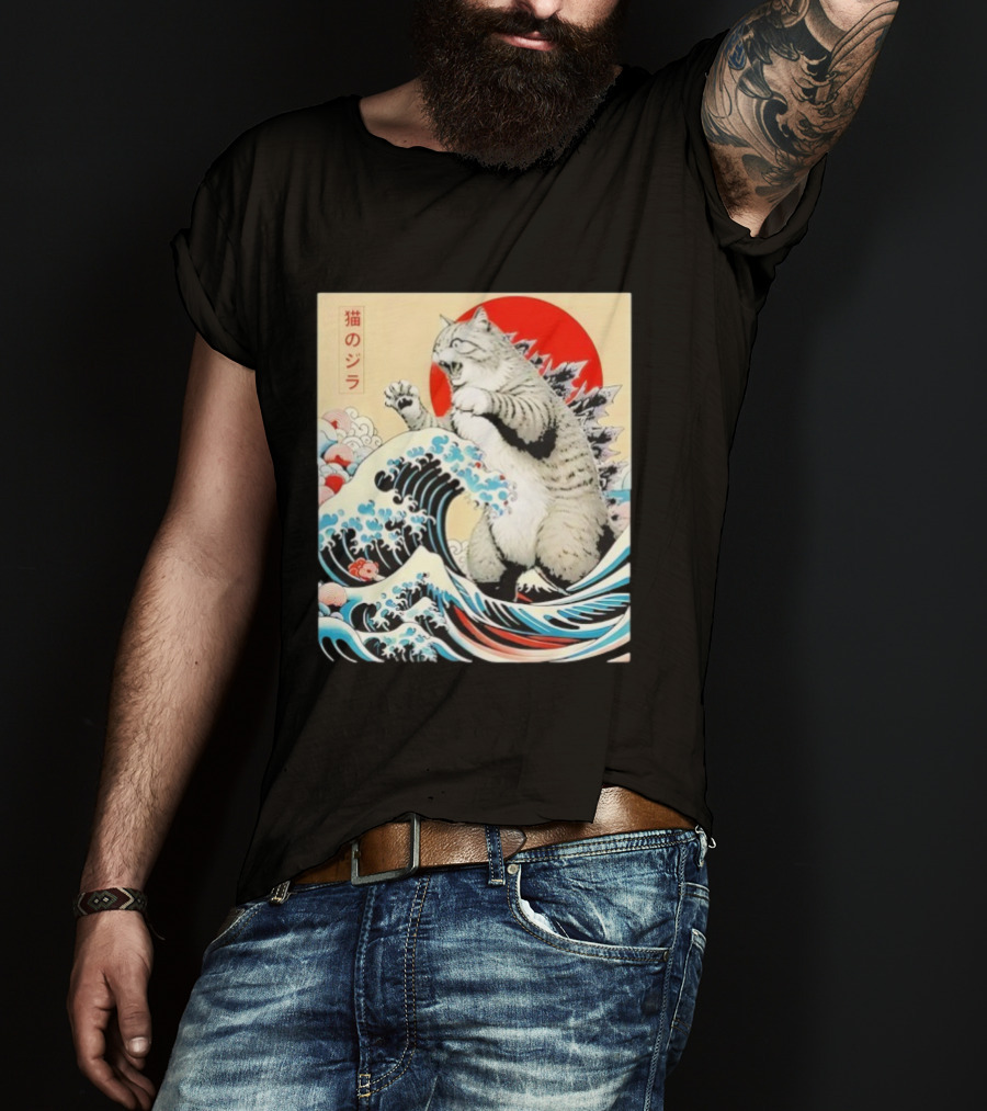 Catzilla Ukiyo-e Japanese 猫のジラ Kanagawa Waves Red Sun T-Shirt