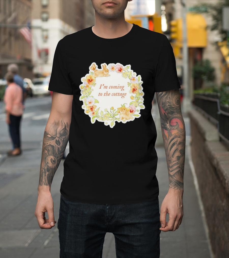 I'm Coming To The Cottage Floral Bunny Wreath T-Shirt