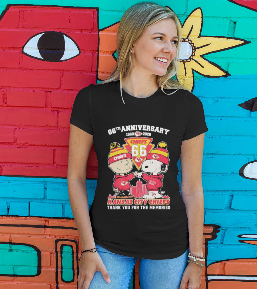 Kansas City Chiefs 66th Anniversary With Snoopy And Charlie Brown 1960-2026 T-Shirt