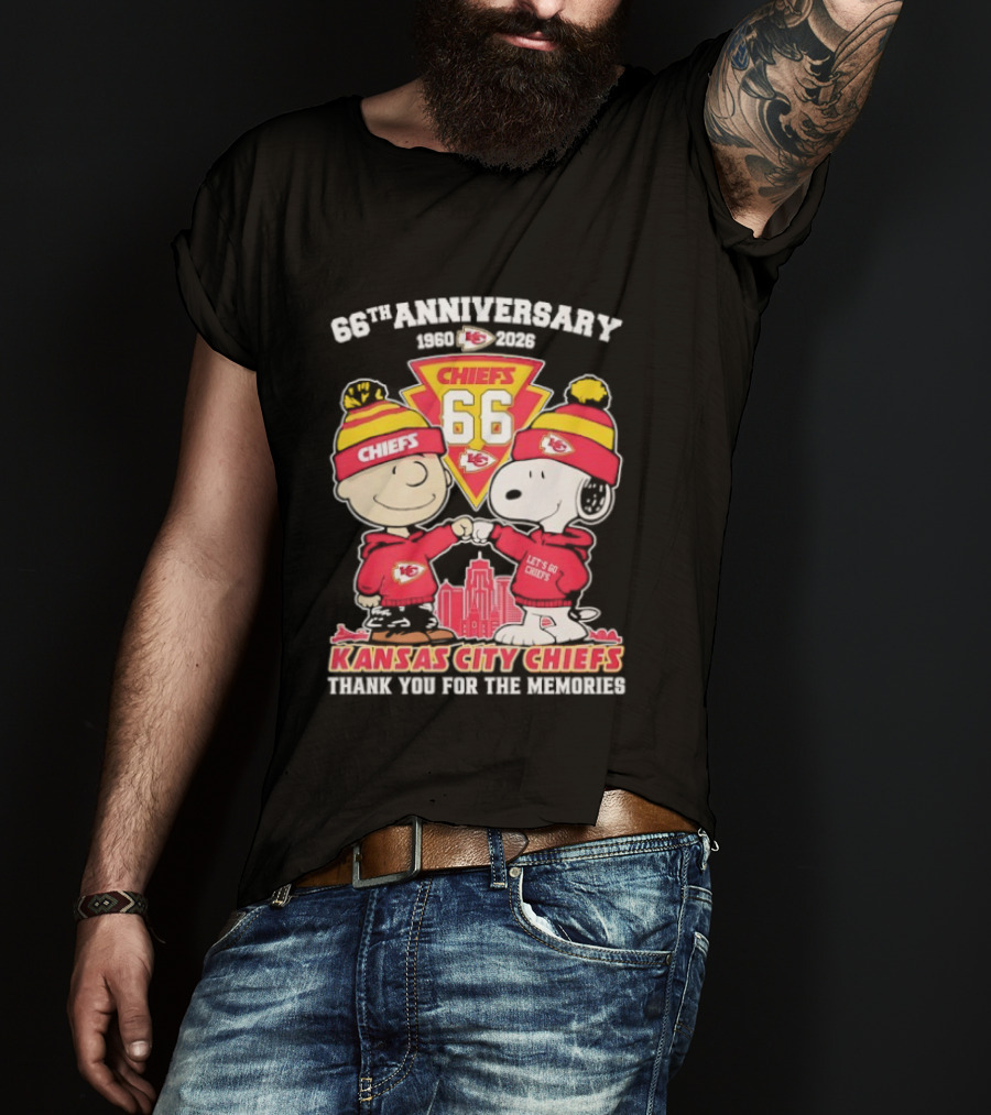 Kansas City Chiefs 66th Anniversary With Snoopy And Charlie Brown 1960-2026 T-Shirt