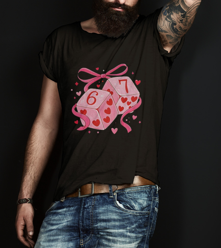 Preppy Valentine Pink Heart Dice 67 Bow Ribbon T-Shirt