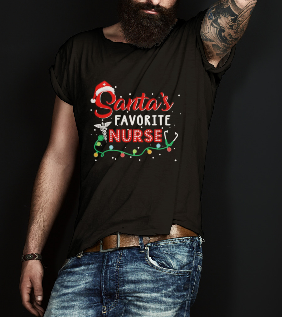 Santa's Favorite Nurse Christmas With Santa Hat And Stethoscope T-Shirt