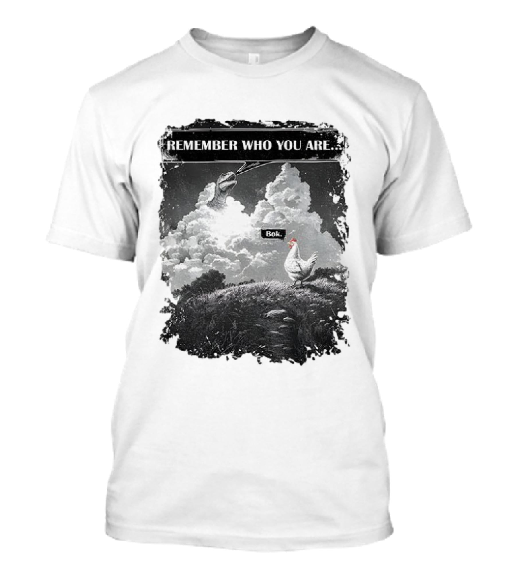 Funny Evolution Dinosaur Clouds Talking Chicken Remember Who You Are Bok T-Shirt