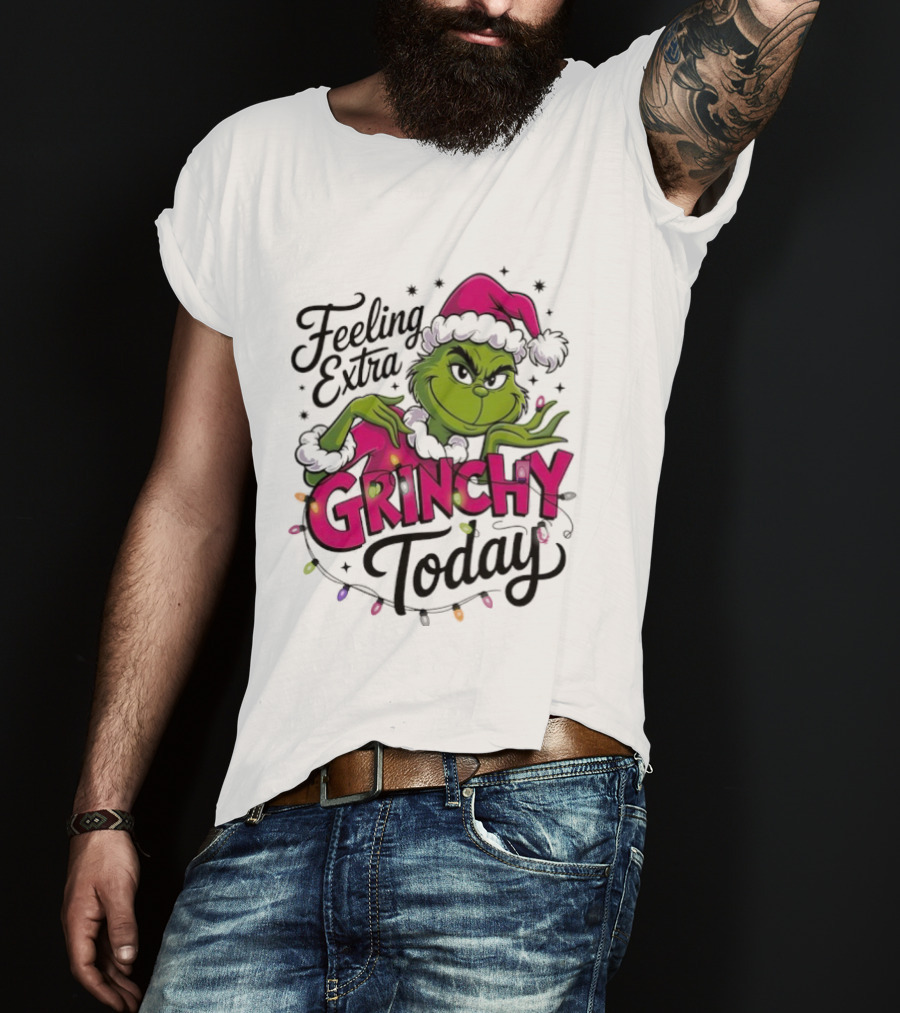 Feeling Extra Grinchy Today Green Character In Santa Hat With Lights T-Shirt
