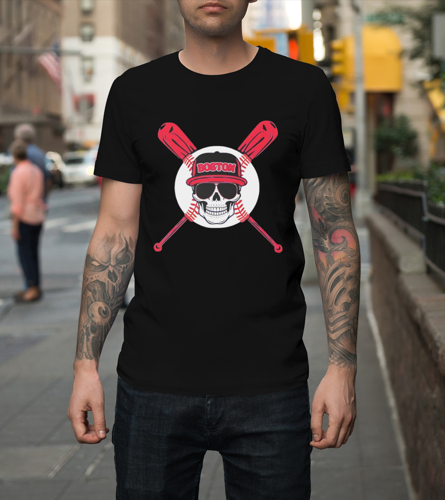 Boston Baseball Skull With Crossed Bats T-Shirt