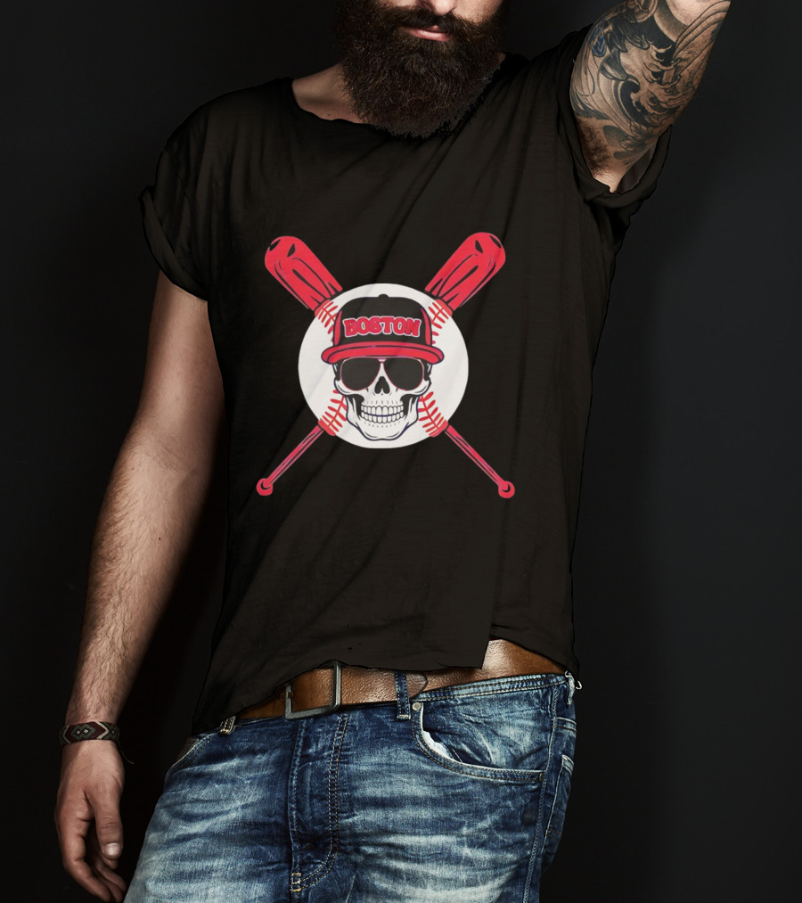 Boston Baseball Skull With Crossed Bats T-Shirt