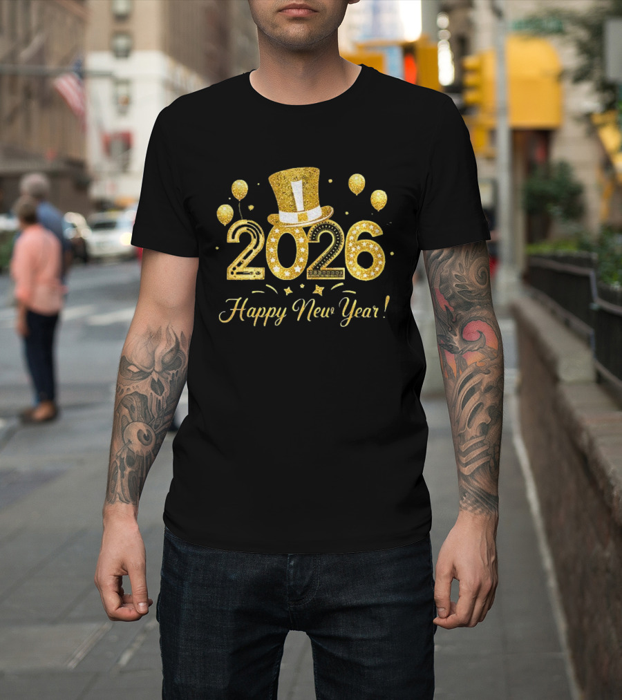2026 Gold Glitter Balloons And Top Hat Happy New Year Celebration T-Shirt