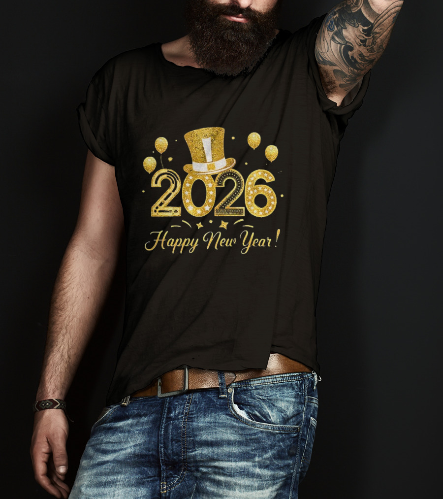 2026 Gold Glitter Balloons And Top Hat Happy New Year Celebration T-Shirt