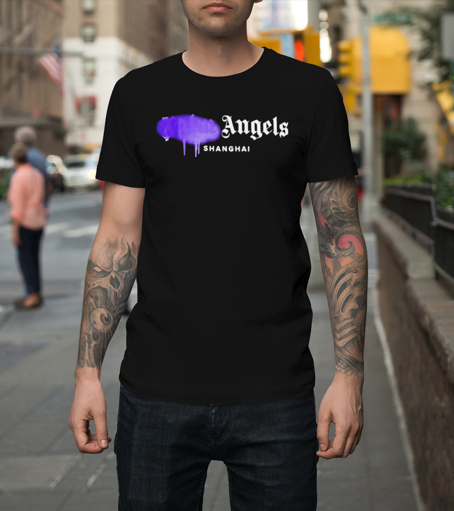 Palm Angels Black Cotton Sprayed Shanghai Purple Drip T-Shirt