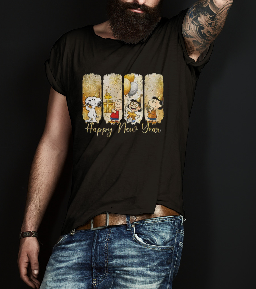 Snoopy And Friends Happy New Year Balloons Fireworks Party T-Shirt