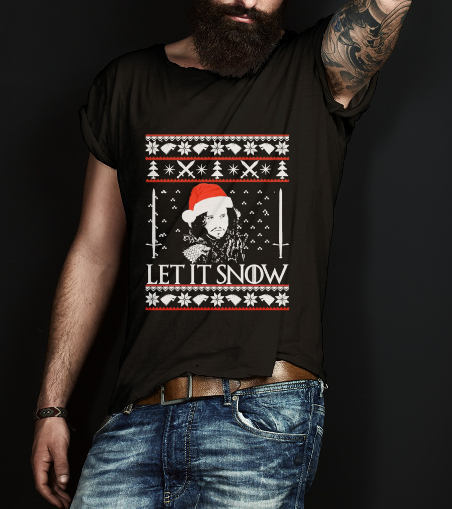 Let It Snow Christmas Ugly Sweater Santa Hat Swords Snowflakes Trees T-Shirt