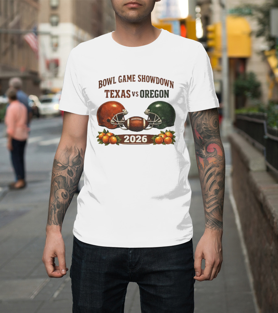 Texas Vs Oregon 2026 Bowl Game Showdown Football Helmet Clash T-Shirt