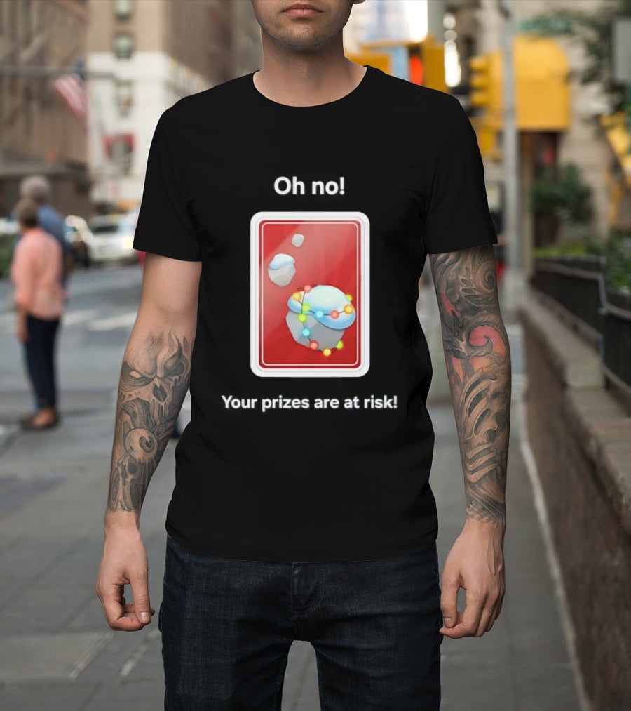 Oh No Your Prizes Are At Risk Christmas Card With Snowy Rocks And Colorful String Lights T-Shirt
