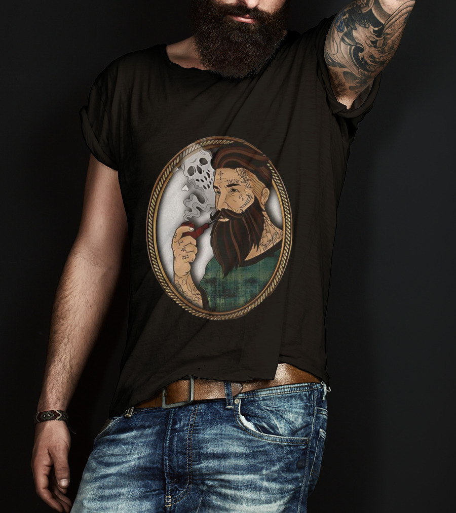 Old School Tattooed Man Smoking Pipe Retro Cartoon Image T-Shirt