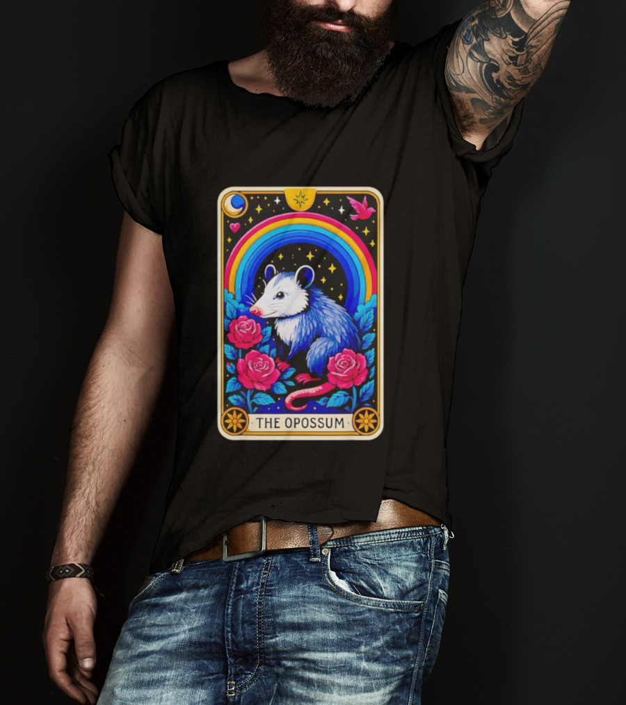 The Opossum Tarot Card Rainbow Moon Roses Stars T-Shirt