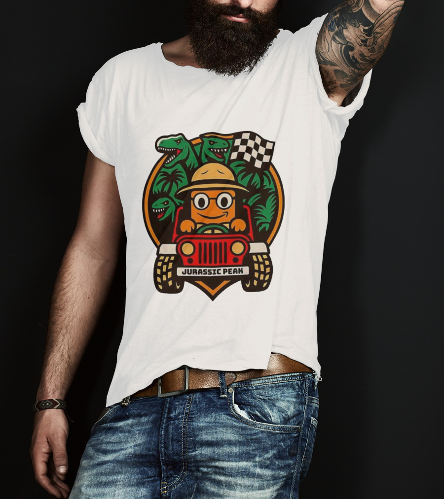 Jurassic Peak Safari Adventure Cartoon Dinosaurs Driving Explorer T-Shirt