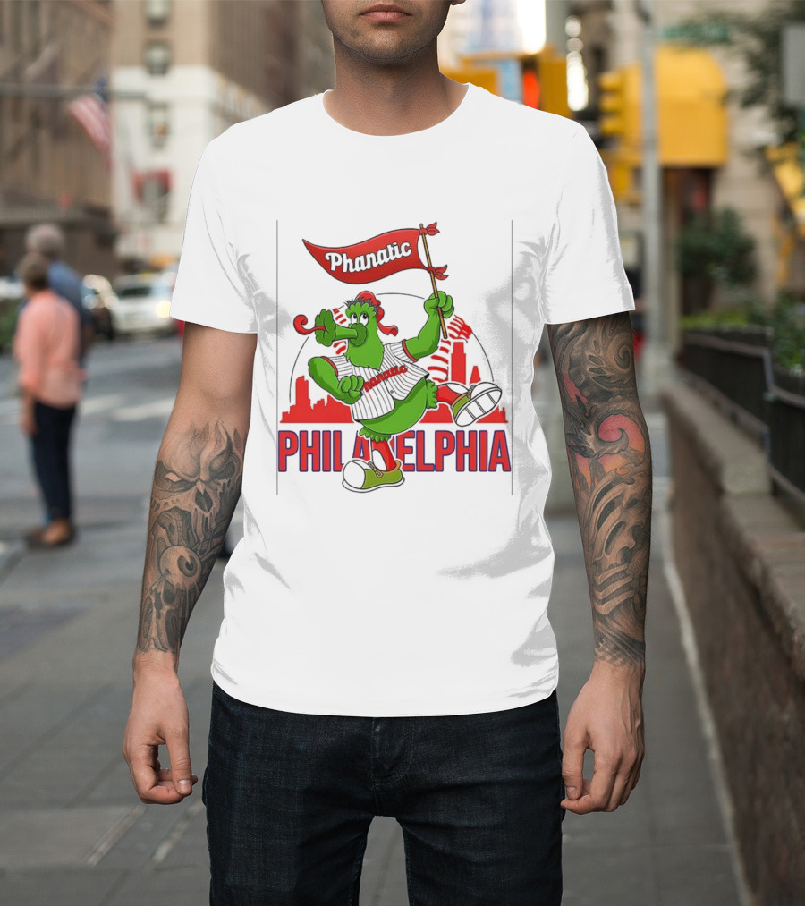 Phillie Phanatic Philadelphia Phillies Mascot Dancing With Skyline And Flag T-Shirt