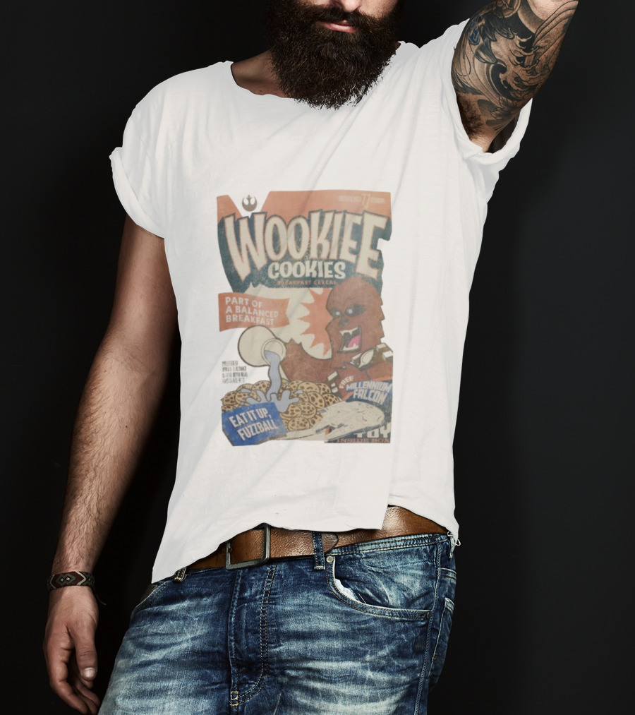 Wookiee Cookies Breakfast Cereal Eat It Up Fuzzball Free Millennium Falcon T-Shirt