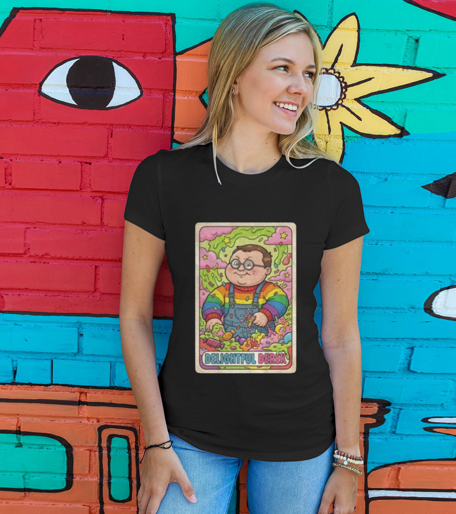 Delightful Derek Rainbow Cartoon Character In Vibrant 80s T-Shirt